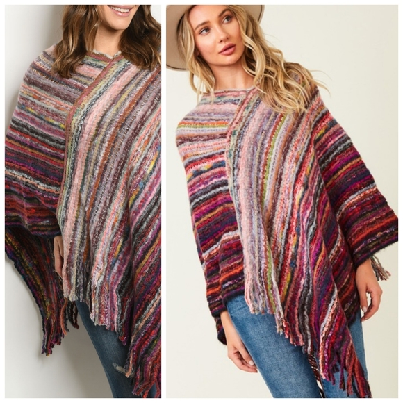 Jackets & Blazers - Multicolor Woven Bohemian Poncho Fringe Tassels
